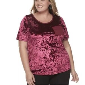 Evri Crushed Velvet Pocket Short‎ Sleeve Blouse 1X Hibiscus Scoop Neck Very Soft